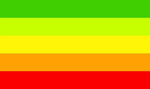 Citrus agender flag variant by Mars (2021). The colors and meanings are: green (leaves - working for agender liberation), lime (limes - agender friendship, love, and community), yellow (lemons - agender joy and celebration), orange (oranges - agender artwork and creativity), and red (blood oranges - agender diversity and individual expression).