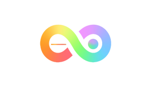 A pastel rainbow infinity symbol with a horizontal line in the left loop and a circle in the right loop.