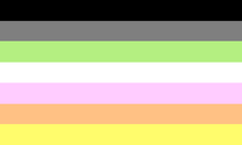 A flag with seven horizontal stripes; the top stripe is black, the next stripe is grey, the next stripe is light green, the middle stripe is white, the next stripe is light pink, the next stripe is light orange, and the bottom stripe is yellow
