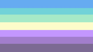 A pride flag with 7 horizontal stripes, which are blue, blue-green, teal, yellow, lavender, purple, and dark purple.