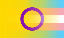 Intersex revealgender pride flag, five vertical stripes, top to bottom: blue stripe, pink stripe, white stripe, pink stripe, blue stripe. Bright yellow gradient moving from the left to the right. Bright purple circle in the center of the image